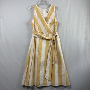 Christopher & Banks Dress Womens Petite 12p Faux Wrap Striped Fit Flare Yellow